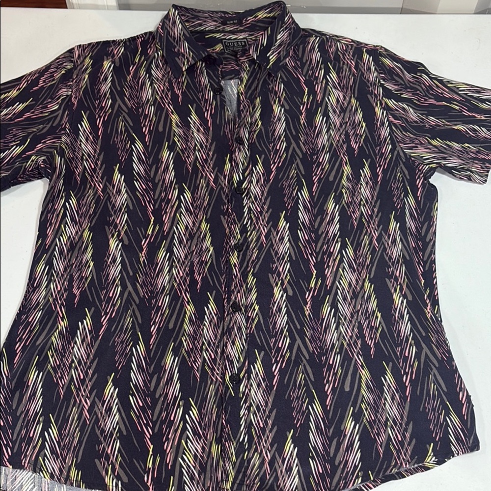 Guess Black and Pink Casual Button Down Shirt with Geometric Pattern